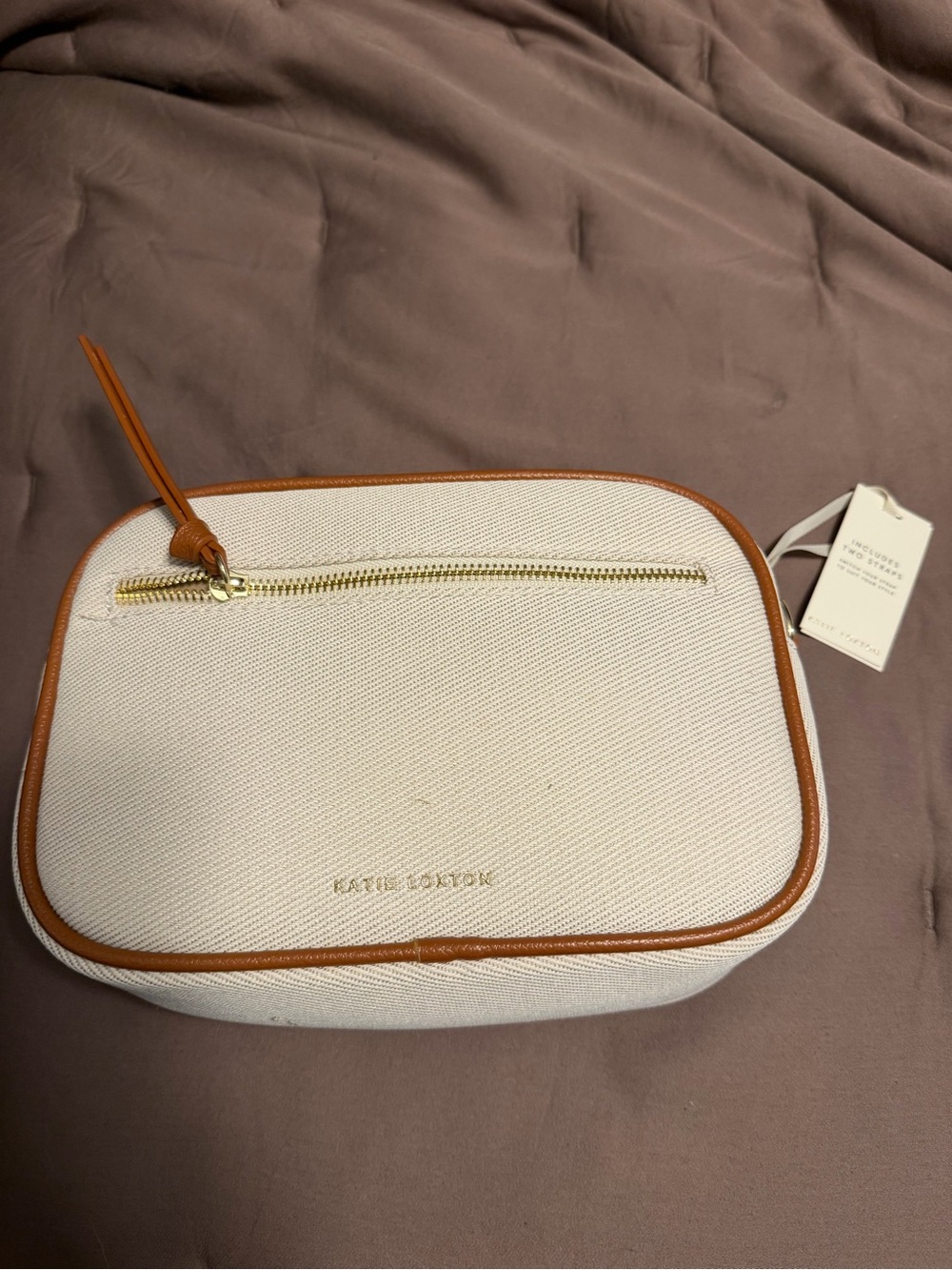 Katie Loxton Cream Canvas Cosmetic Case with Tan Trim